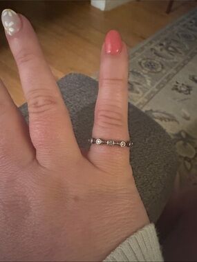 Delicate Silver Dot-Band Ring - Pink Accent